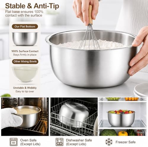 E-far Mixing Bowls with Lids Set of 5, Stainless Steel Nesting Salad Bowls