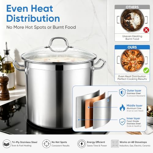 E-far 20 Quart Tri-Ply Stock Pot with Lid, Induction Stainless Steel Pot