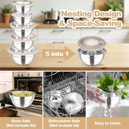 TeamFar Mixing Bowls Set, Stainless Steel Salad Bowl with Lids, Khaki