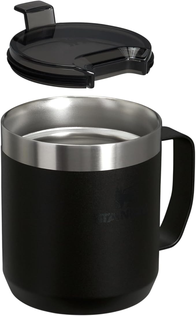 STANLEY Stay-Hot Camp Mug 12 oz | Press Fit Drink Through Lid | Cup for Coffee, Tea and Drinks | Insulated Stainless Steel Coffee Mug | BPA-Free | Black 2.0
