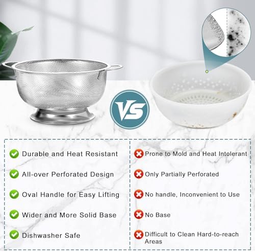 Pleafind Colander for Kitchen - 5 QT & 3 QT Stainless Steel Strainer with Handle, Kitchen Strainer Colanders Bowl for Pasta, Noodles, Spaghetti, Vegetables and Fruits, Rust-Resistant & Dishwasher Safe