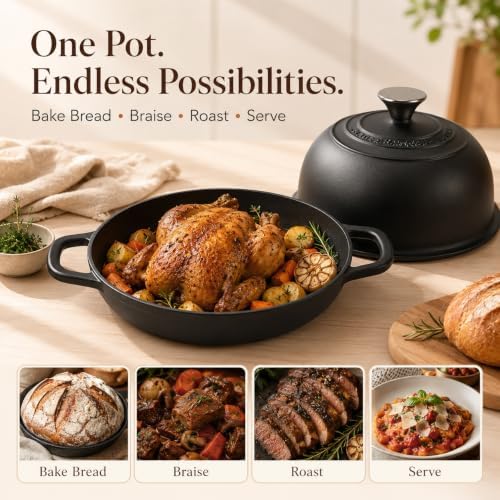 5QT Matte Black Non-Stick Dutch Oven for Bread Baking, Cast Iron Dutch Oven