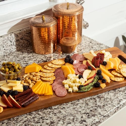Large Acacia Serving Board with Handles, 36 x 12 Inch Rectangular Charcuterie Platter, Natural Wood Server for Meat, Cheese Board, and Party Appetizers, Extra Long 3ft, Light