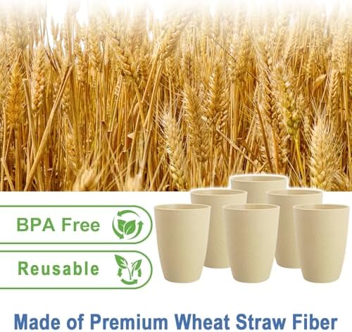 12oz Kids Cups, Wheat Straw Cups Set of 6, Small Water Cups (Beige)
