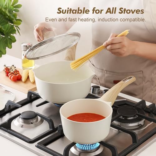 SENSARTE 2.0 & 3.0 Quart Ceramic Sauce Pan Sets with Lid, Cooking Pots Set, Nonstick Saucepan Set with Pour Spout, Small Pot, Non toxic Saucepot, Sauciers, Induction Comptable, PFOA PTFE PFAS Free