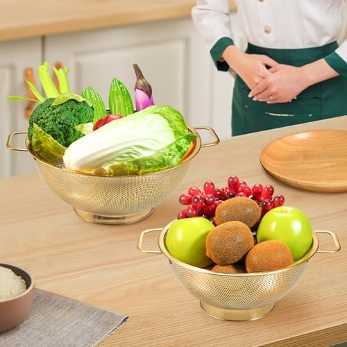 2PCS Gold Strainer for Kitchen, 3QT and 5QT, Stainless Steel Colander with Handle for Fruits Vegetables Cooking Food, Dishwasher Safe