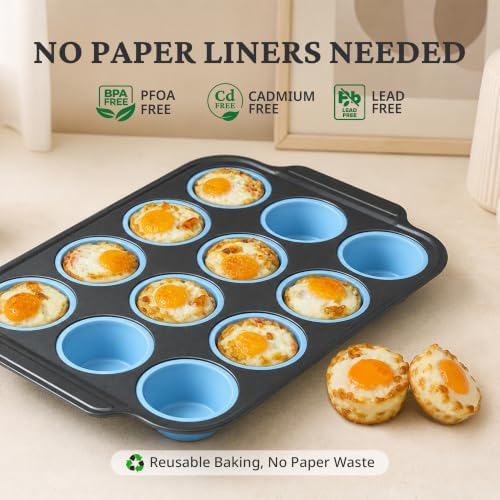 BRONYPRO 2-Pack 12 Cup and Mini 24 Cup Silicone Muffin Pans for Baking with Metal Frame, Egg Bite Molds, Muffin Tins Easy to Pop Nonstick Non Toxic Bakeware for Oven,Blue