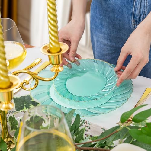 YOUBET 125PCS Clear Green Plastic Plates with Gold Rim for Wedding Party