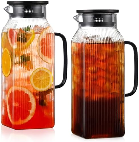 2 Pack 2 Liter/68 oz Square Glass Pitcher with Lid, Classic Stripes Water Pitchers with Handle for Fridge, Large Jug for Iced Tea, Coffee, Borosilicate Glass Carafe for Hot/Cold Brew Drink, Black
