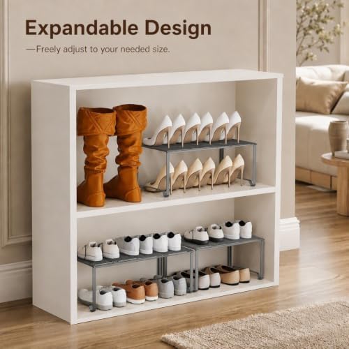 Extendable Metal Wire Shelf Organizer - Adjustable 15-24.4in Length, Stackable Storage Rack for Kitchen/Pantry/Bathroom/Shoe Cabinet/Tool Closet (Gunmetal, 1 Pack)