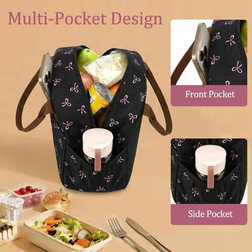 CAMTOP Lunch Box for Women Men Insulated Lunch Bag Lunch Tote Bag Leakproof Thermal Cooler Large Capacity for Travel Work School Picnic (Black Pink Bow)