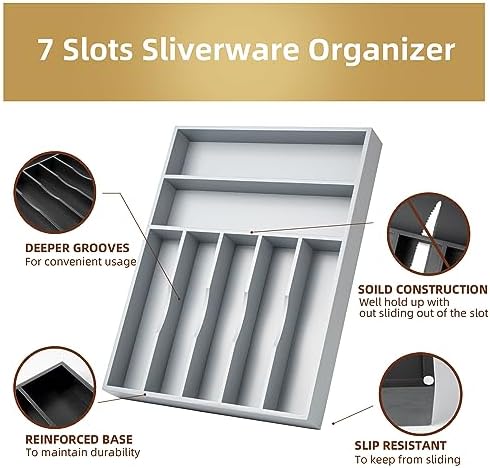 Bamboo Silverware Holder Drawer Utensil Organizer with 7 Slots Gray