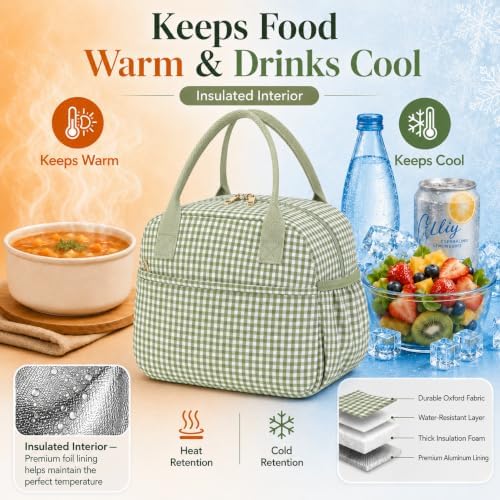CAMTOP Lunch Box for Women Men Insulated Lunch Bag Lunch Tote Bag Leakproof Thermal Cooler Large Capacity for Travel Work School Picnic (Sage Green Check, Medium)