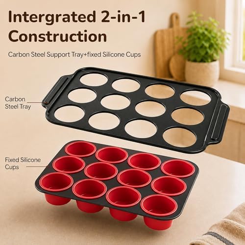 Silicone Muffin Pans for Baking, 12-Cup Muffin Tin with Metal Frame