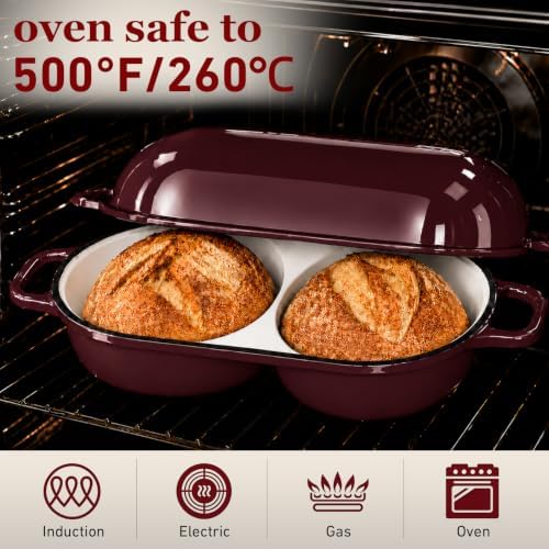 Double Dutch Oven for Sourdough Bread Baking,2.2QT Enameled Cast Iron Dutch Oven Pot with Lid,500°F Oven Safe Non Stick Bread Loaf Pan,Sourdough Baking Pan for Homemade Baking（Burgundy）