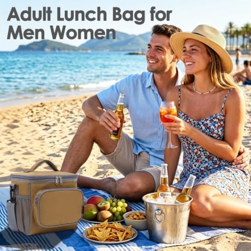 FlowFly Insulated Reusable Lunch Bag Adult Large Lunch Box for Women and Men with Adjustable Shoulder Strap,Front Zipper Pocket and Dual Large Mesh Side Pockets,Brown