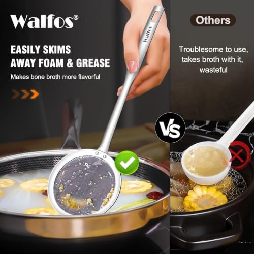 Walfos Fat Skimmer Spoon, Stainless Steel Fat skimmer For Cooking, 3", 4" & 5 inch fine mesh skimmer, Food Strainer Fit For Separation Of The Floating Foam, Fat, Grease, Set of 3