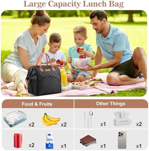 LOKASS Insulated Lunch Bag for Women & Men - Reusable 10 L Lunch Box for Women - Leakproof Tote Cooler Bag for Adults Work, Beach, Travel, Picnic (Black)