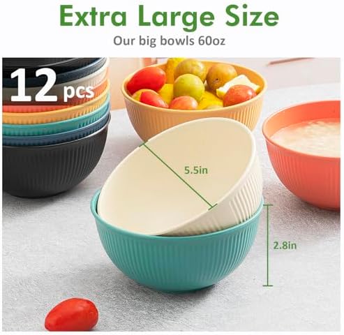 12Pack 24 oz Unbreakable Cereal Bowls, Reusable Plastic Lightweight Bowls, Made from Wheat Straw Fiber, Ideal for Salads, Soups, Ramen, Noodles, and Oatmeal (Red, blue, yellow, dark blue, beige, black