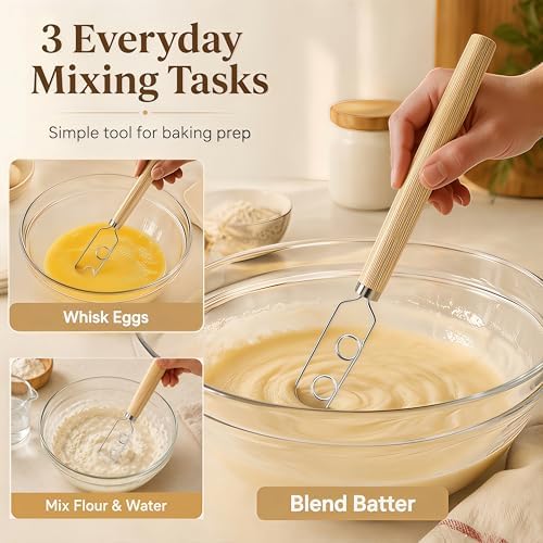 Digead Danish Dough Whisk, Stainless Steel Dutch Whisk with Wooden Handle, Ergonomic Manual Mixing Tool for Home Baking: Heavy Dough, Sourdough Bread, Pizza Dough, Cake Batter (13 inch)