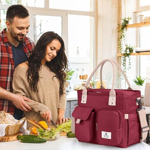 Hafmall Large Lunch Box for Women, Insulated Lunch Bag, Wide Opening, Red