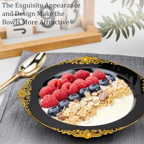 Nervure 50PCS Black Plastic Bowls with Gold Rim, 12oz Disposable Soup Bowls