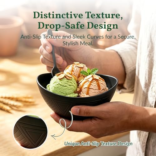 Homienly Wheat Straw Bowls 10 OZ Small Bowls Unbreakable Small Serving Bowls for Ice Cream, Snack, Dipping Side Dishes, Yogurt Microwave & Dishwasher Safe Oval Bowls for Camping, Dorm (6 PCS, Black)