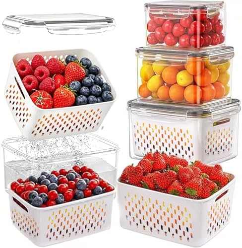 3 Pack Fruit Storage Containers for Fridge with Removable Colander – Airtight Produce Storage Containers with Lids, BPA-Free Berry Keeper for Vegetables, Lettuce & Meal Prep (29oz+59oz+112oz)