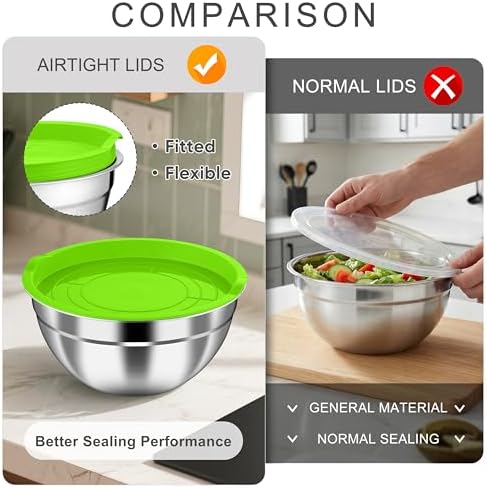 HaWare Mixing Bowls with Airtight Lids, 6-Piece Stainless Steel Salad Bowls