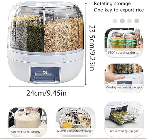 Rotating Grain Storage Bin 6 Grids Rice Container One-Click Output Large Capacity Food Dispenser For Rice Grains Sealed Moisture Proof Organizer (Grey) (Small)