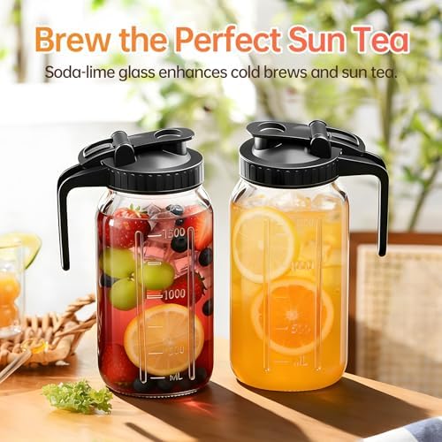 32oz Glass Pitcher with Lid & Spout – 1 Quart Mason Jars, Airtight & Leakproof Breastmilk Pitcher for Cold Brew Coffee, Sun Tea, Water, Juice – Wide Mouth, Fridge Safe