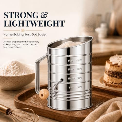 Bellemain Stainless Steel Flour Sifter for Baking with Hand Crank - 5 Cup