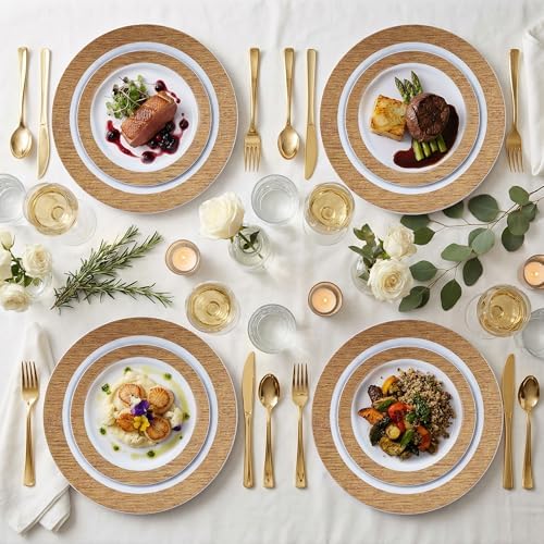 I00000 102 Pcs Wood Grain Brown Plastic Plates, Premium Disposable Plates