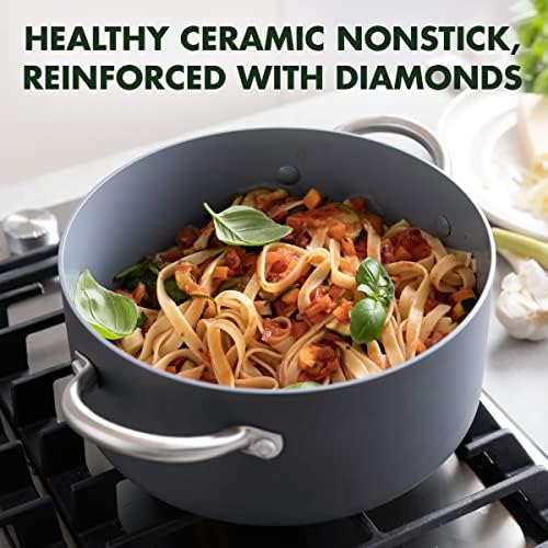 GreenPan Lima 5.2QT Nonstick Stock Pot with Glass Lid, Nontoxic PFAS-Free Ceramic Casserole, Hard Anodized Cookware, Oven & Broiler Safe, Stainless Steel Handles, Gray