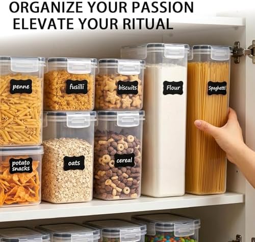 9 PCS Airtight Food Storage Containers with Lids, Plastic Kitchen and Organization Canisters for Cereal, Dry Food, Flour and Sugar, BPA-Free, PVC-Free, Includes Labels & Marker