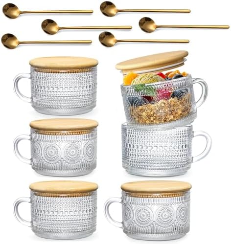 DOPUDO Vintage Glass Coffee Mugs,Overnight Oats Containers With Lids,Glass Cup With Sealed Lid and Spoon,Glass Coffee Mugs,Coffee Bar Accessories,Ideal for Cappuccino, Latte(6-Pack,14oz)