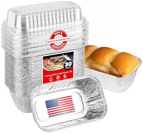 Stock Your Home Disposable Aluminum Mini Loaf Pans with Lids, 1 lb (30 Pack) New & Improved Plastic Dome Lid Foil Baking Tins, Tin Pans for Cake, Bread, Holiday Baked Goods Packaging