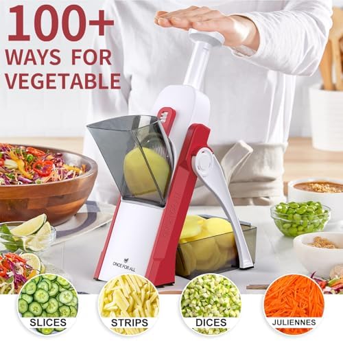 ONCE FOR ALL Safe Mandoline Slicer 5 in 1 Vegetable Cutter, Strips Julienne Dicer Adjustable Thickness 0.1-8 mm for Kitench Fast Meal Prep (Red)
