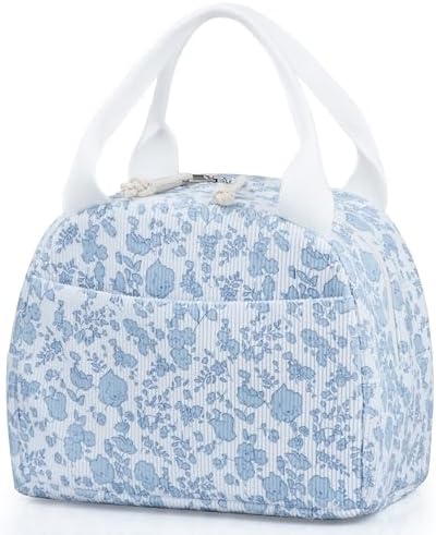 TESAFNG Lunch Bag - Insulated Lunch Box for Women, Reusable Large Capacity Cooler Bag for Adult, Small Leakproof Cute Corduroy Lunch Tote for Work Office Travel Picnic (Corduroy Blue-Flower)