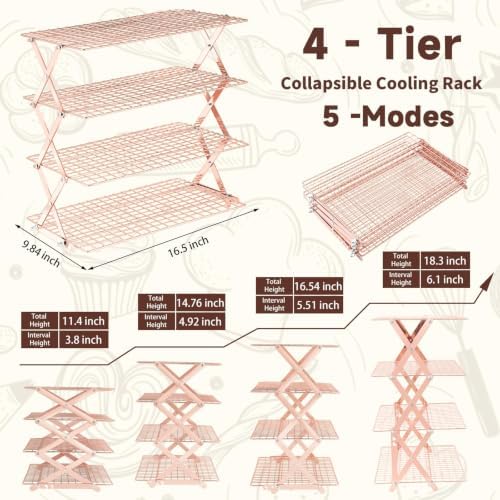 Pleafind 4 Tier Rose Gold Collapsible Cooling Rack - 3 Setting Design, Adjustable ＆ Stackable Baking Rack, 5 Modes Cooling Racks for Cooking and Baking, Roasting ＆ Grilling Gifts for Picnic Party