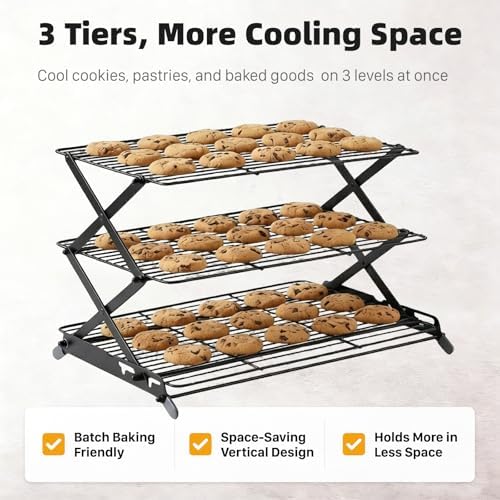 3-Tier Collapsible Cooling Rack, Adjustable Wire Baking Rack, Black