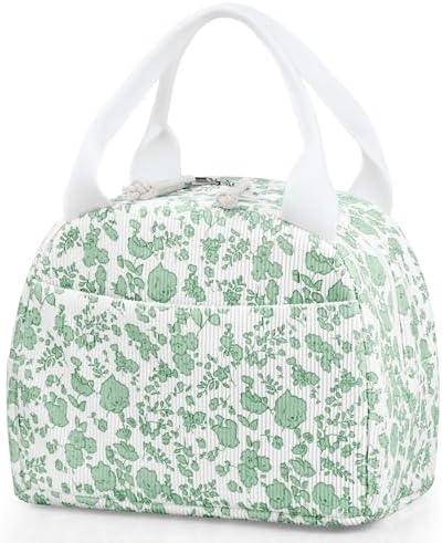 TESAFNG Lunch Bag - Insulated Lunch Box for Women, Reusable Large Capacity Cooler Bag for Adult, Small Leakproof Cute Corduroy Lunch Tote for Work Office Travel Picnic (Corduroy Green-Flower)