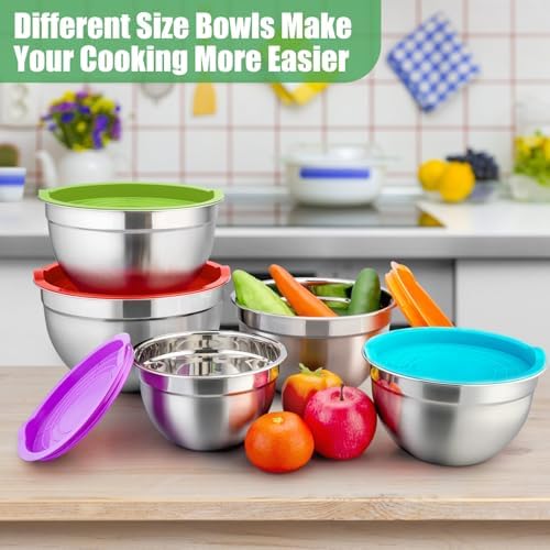P&P CHEF Metal Mixing Bowls with Lids Set, Airtight Lids & Multicolor