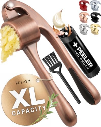 Zulay Kitchen Large Premium Garlic Press Set - Bigger Bowl for Bigger Garlic - Rust Proof Garlic Mincer Tool - Easy-Squeeze, Easy-Clean Silicone Garlic Peeler & Brush (Copper)