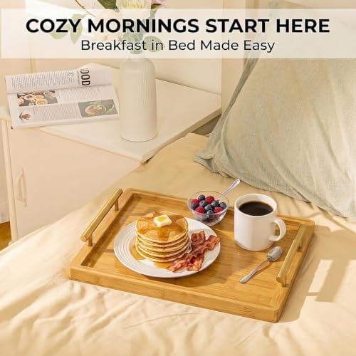 PEKER Wooden Serving Tray with Metal Handles, Black Decorative Coffee Table Tray for Breakfast in Bed, Ottoman & Home Décor, Wooden Food Tray for Kitchen