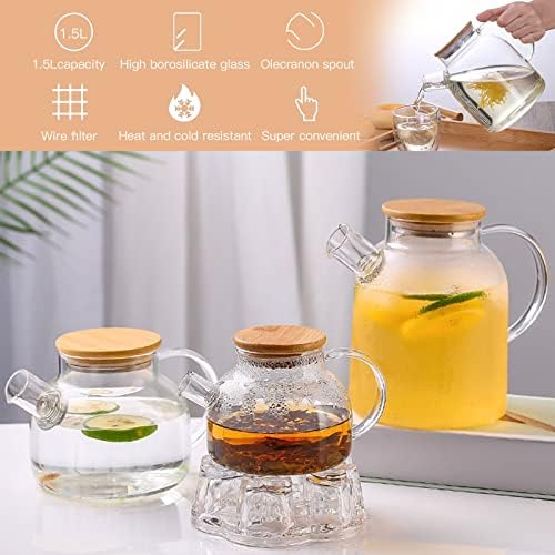 Glass Teapot 50.7oz/1500ml, Stovetop & Microwave Safe Borosilicate Tea Pot,Clear Teapot with Strainer, Glass Tea Kettle with Wooden Lid for Loose Leaf、Fruit Tea and Fragrant Tea