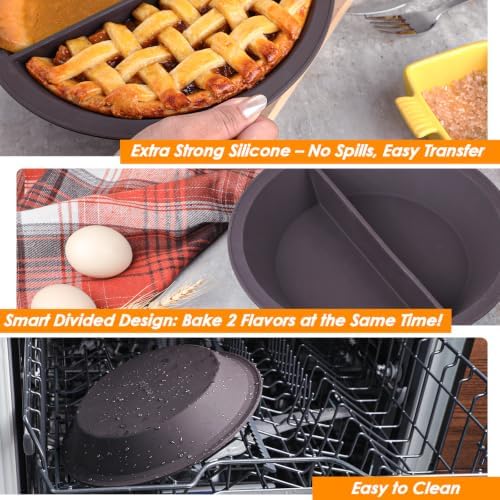 Webake 9 Inch Divided Pie Pan, Platinum Silicone Pie Mold, Round Pie Plate for Baking, Two Flavors in One Pan