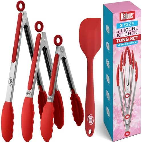 Kaluns Kitchen Tongs for Cooking Grilling Set of 4, BBQ Grill Tongs With Silicone Tip Stainless Steel Heat Resistant, Non-stick Pull Lock, Incl 7, 9, 12 Inch Tong Plus a Silicone Spatula