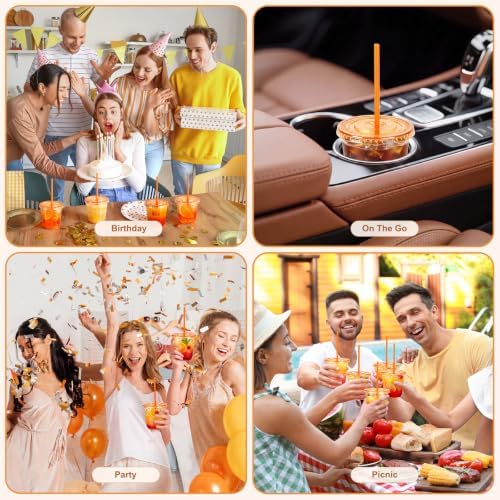 tchrules 100 Set 12oz Orange Plastic Iced Coffee Cups with Lids & Straws