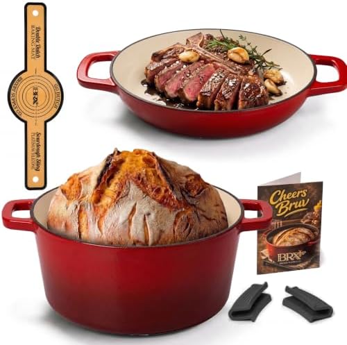 Brixby 5 QT Sourdough Dutch Oven, Enameled Cast Iron with Skillet Lid